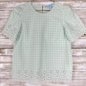 DRAPER James‎ Pullover Gingham Plaid Eyelet Top Size XS Puff Sleeve Blouse Mint